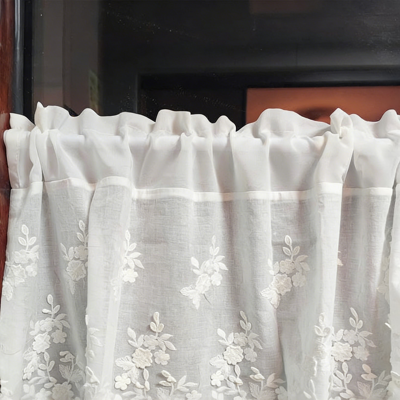 Rideau café en dentelle brodé cantonnière chic cuisine coton