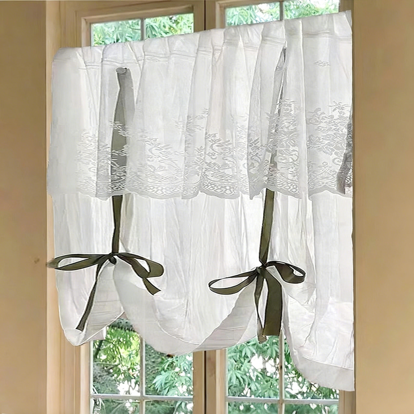 Rideau café en dentelle brodé vert campagnard français à nœuds