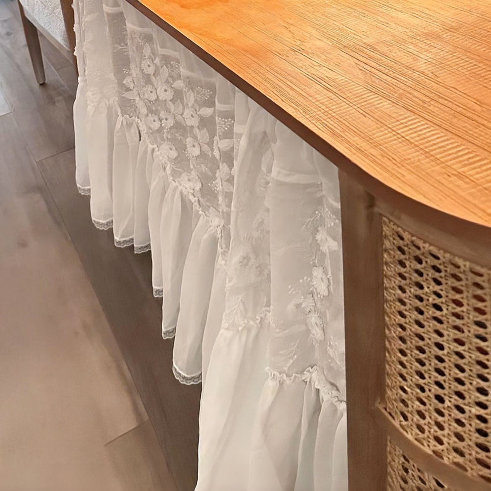 Rideau café en dentelle brodé floral coton blanc shabby chic