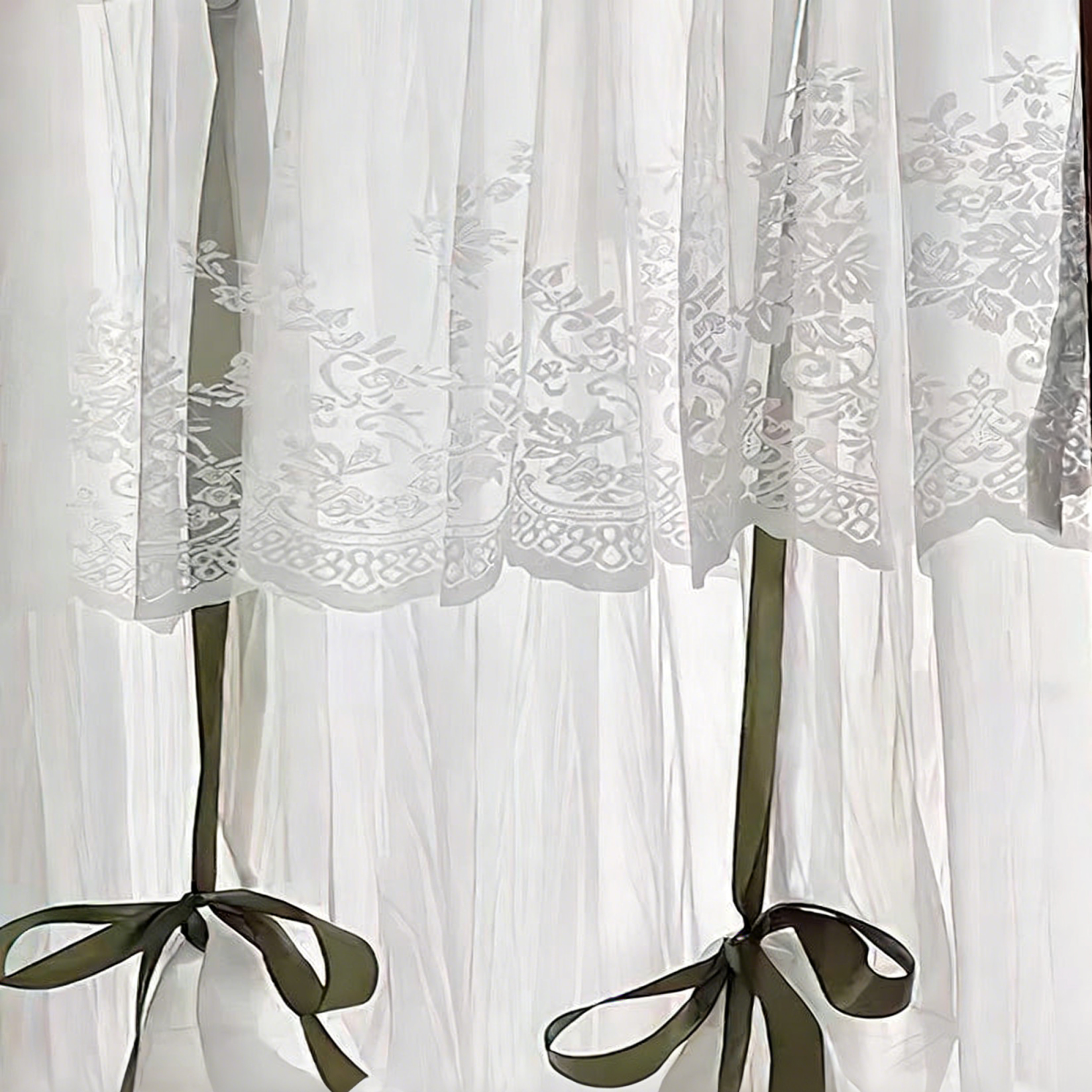 Rideau café en dentelle brodé vert campagnard français à nœuds