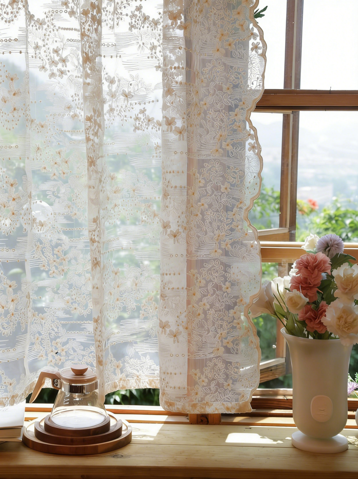 Rideau café en dentelle brodé voilage campagnard français décoratif