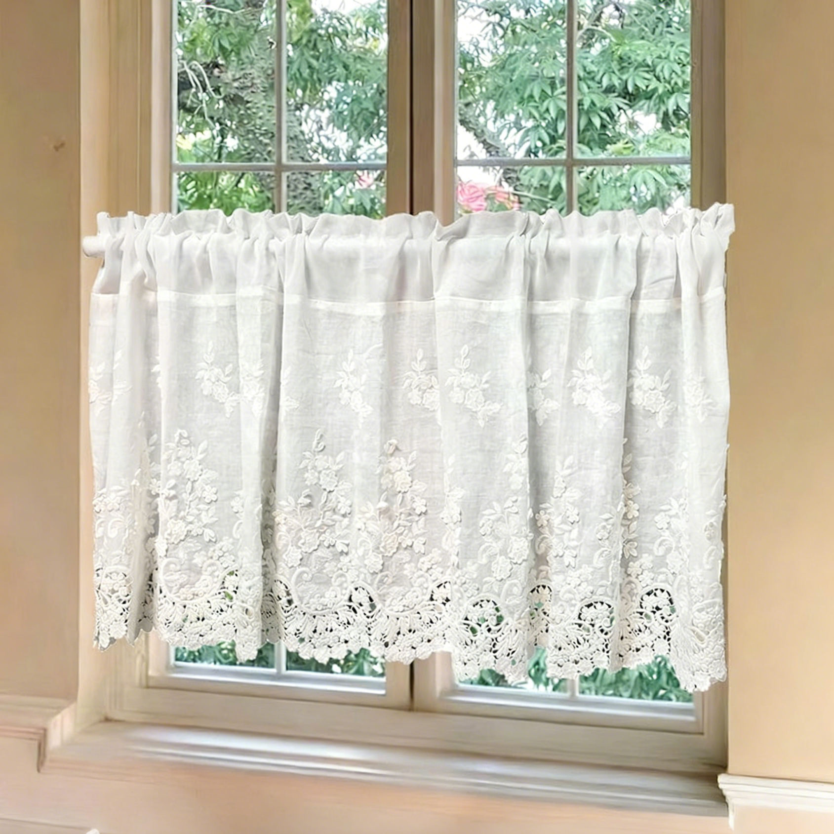 Rideau café en dentelle brodé cantonnière chic cuisine coton