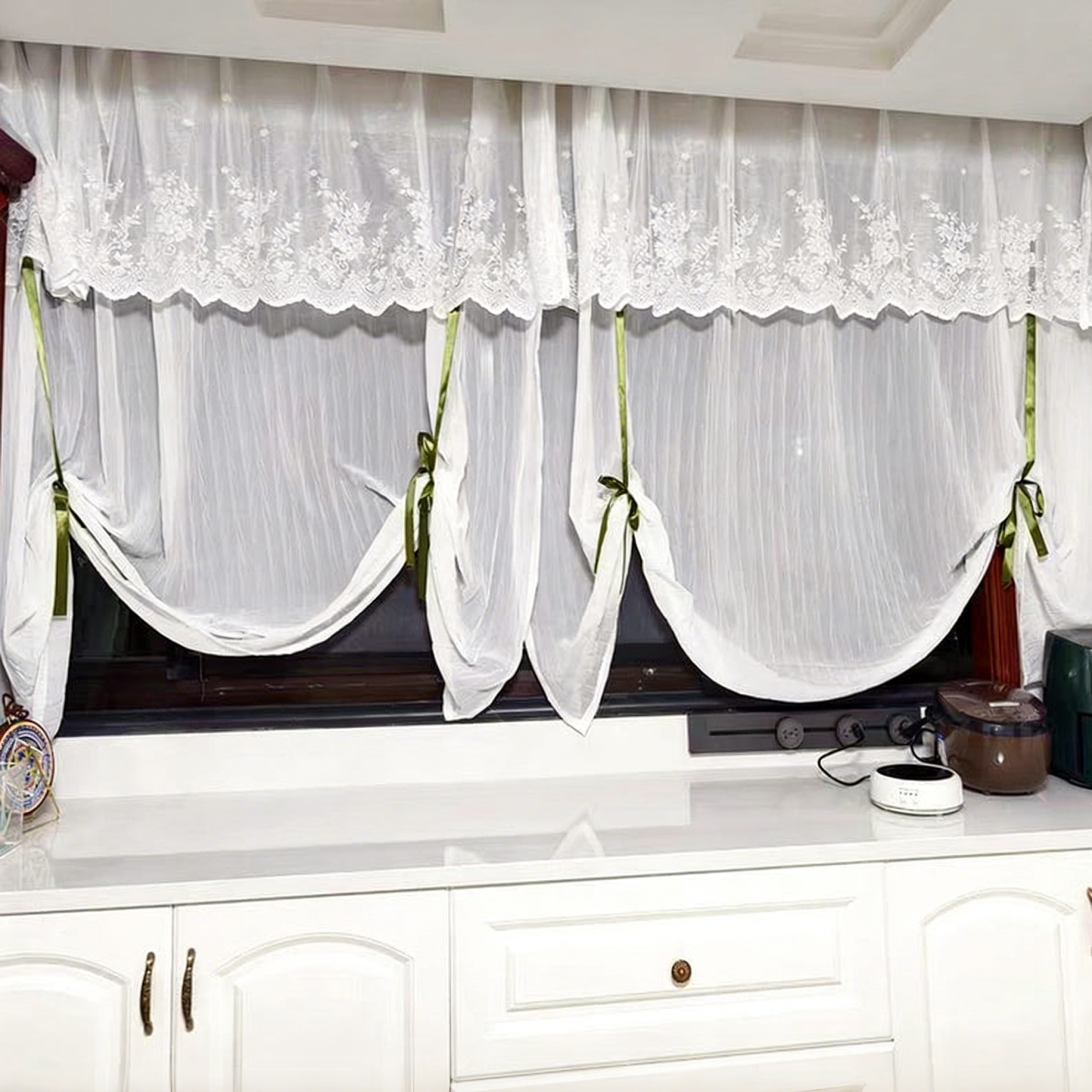 Rideau café en dentelle brodé vert campagnard français à nœuds