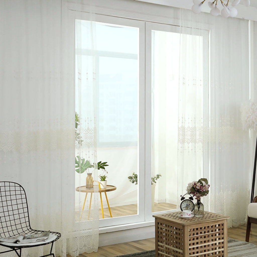 Rideaux en dentelle transparents brodés polyester blanc