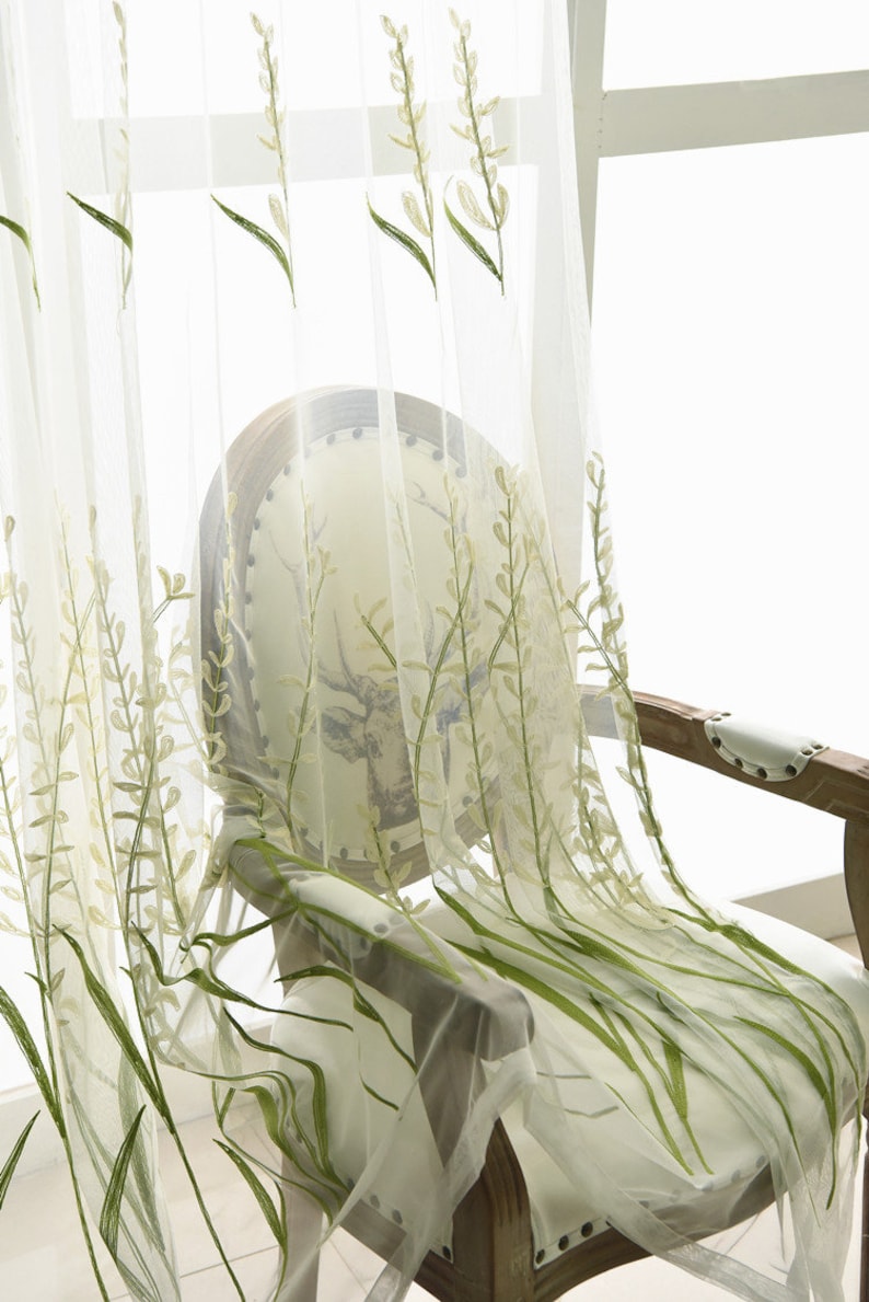 Rideaux en dentelle brodés plantes vertes polyester blanc