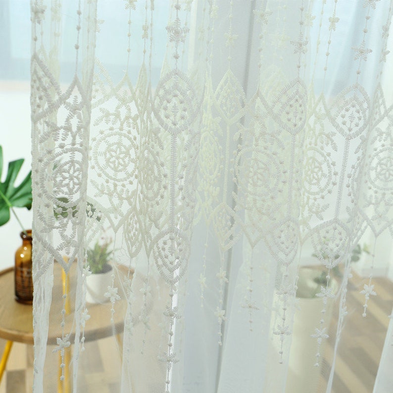 Rideaux en dentelle transparents brodés polyester blanc