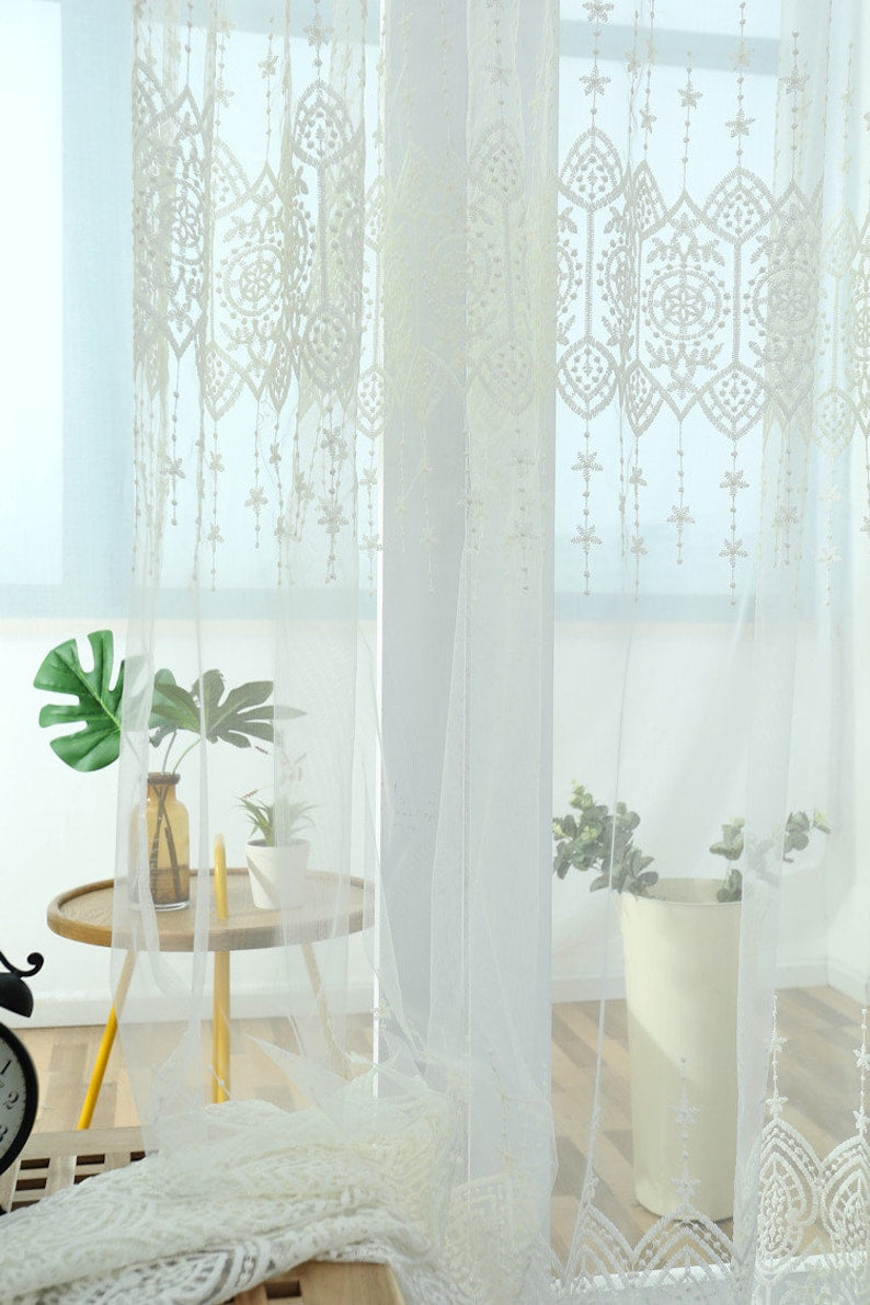 Rideaux en dentelle transparents brodés polyester blanc