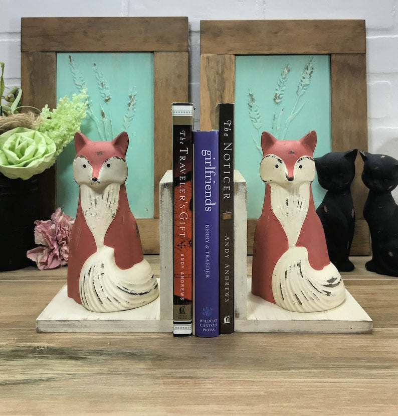 Fox Figurine Bookends Rustic Farmhouse Woodland Shelf Decor
