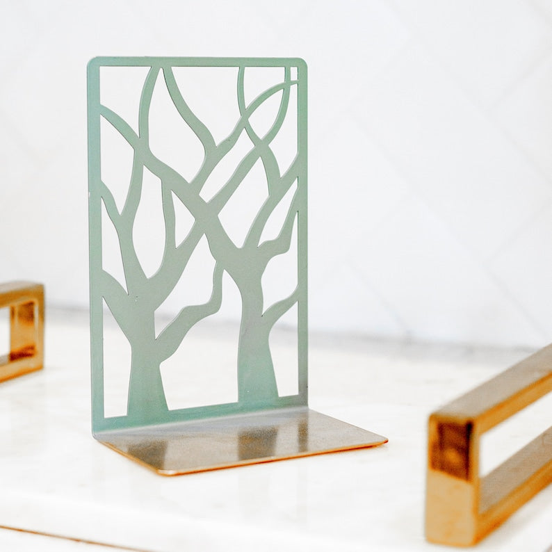 Sage Green Bookends: Modern Geometric Iron Book Ends - Pair