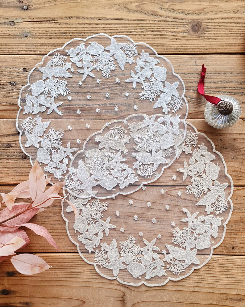 Sets de table en dentelle été océan coton blanc beige 33 cm