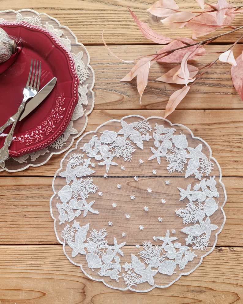 Sets de table en dentelle été océan coton blanc beige 33 cm