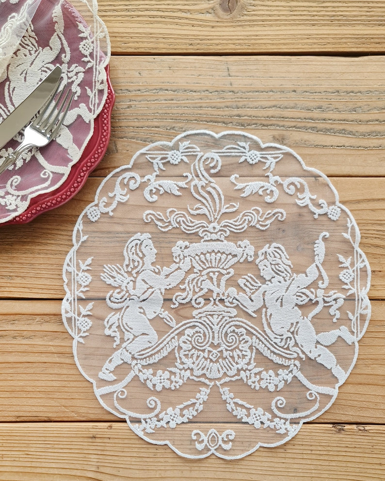 Sets de table en dentelle Eros coton blanc beige style vintage