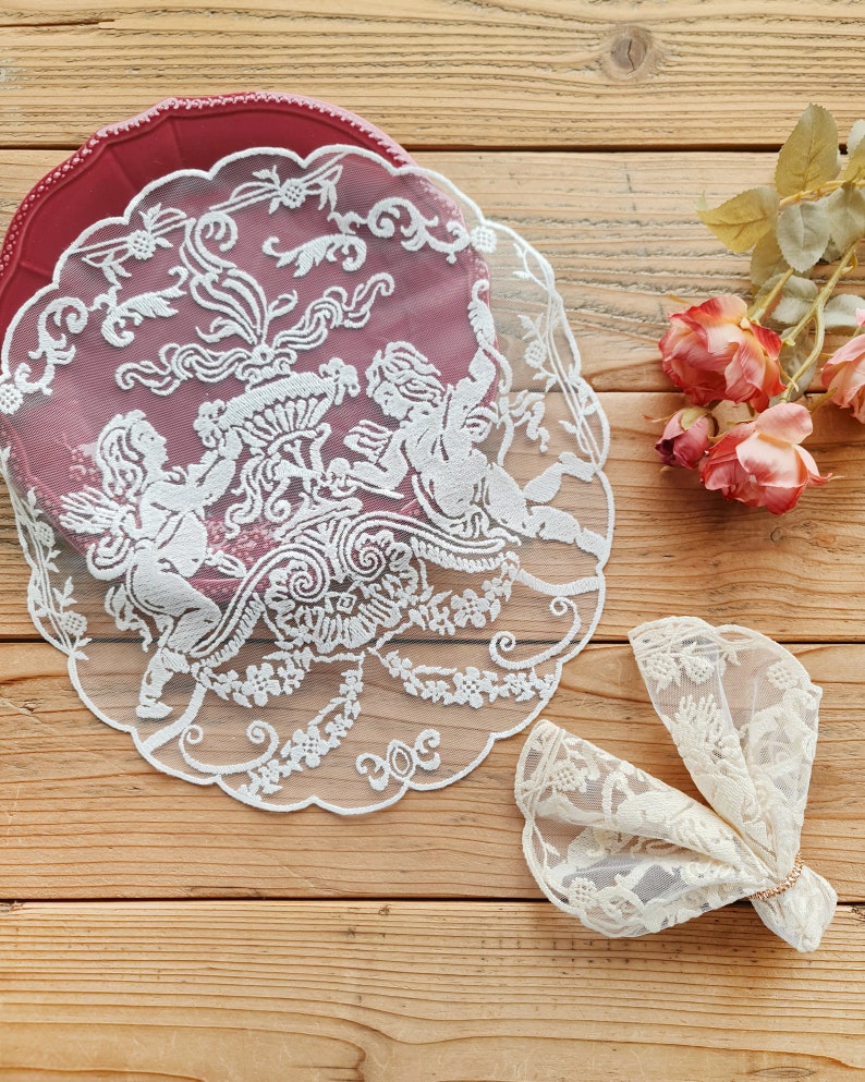 Sets de table en dentelle Eros coton blanc beige style vintage