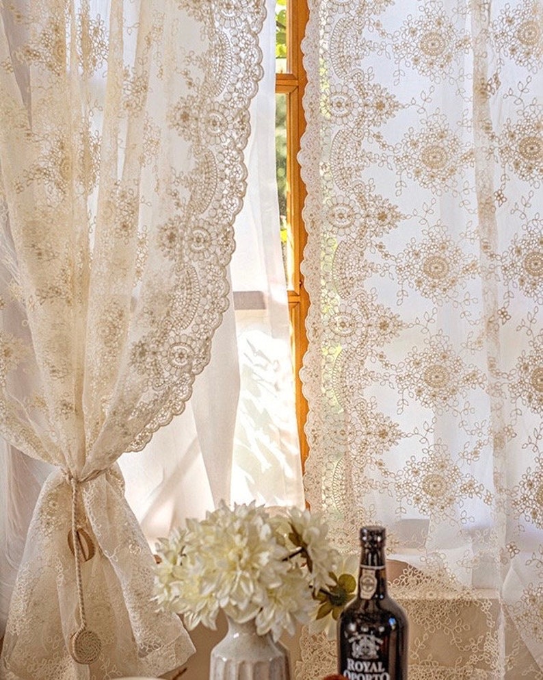 Rideau en dentelle crème, rideau en dentelle double épaisseur pour café, salon, cuisine, chambre, rideau de décoration de fenêtre de style champêtre