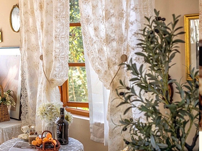 Rideau en dentelle crème, rideau en dentelle double épaisseur pour café, salon, cuisine, chambre, rideau de décoration de fenêtre de style champêtre