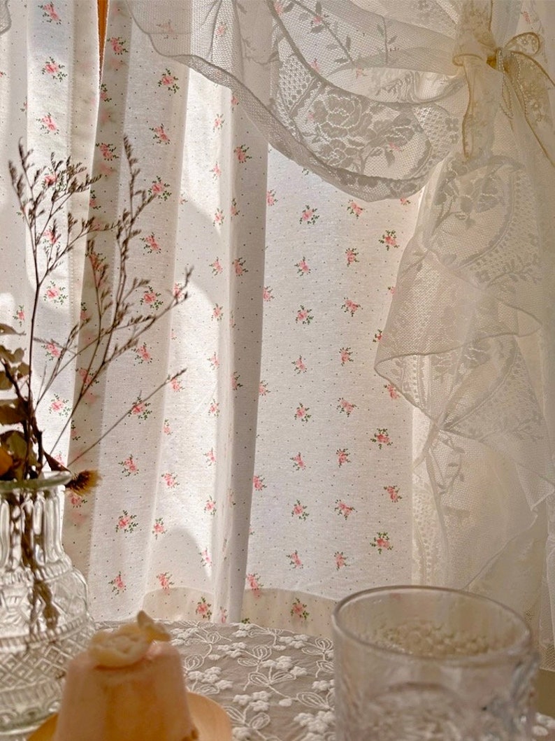Rideau en dentelle de coton à fleurs, rideau coquette style campagnard, rideau double épaisseur en dentelle à volants