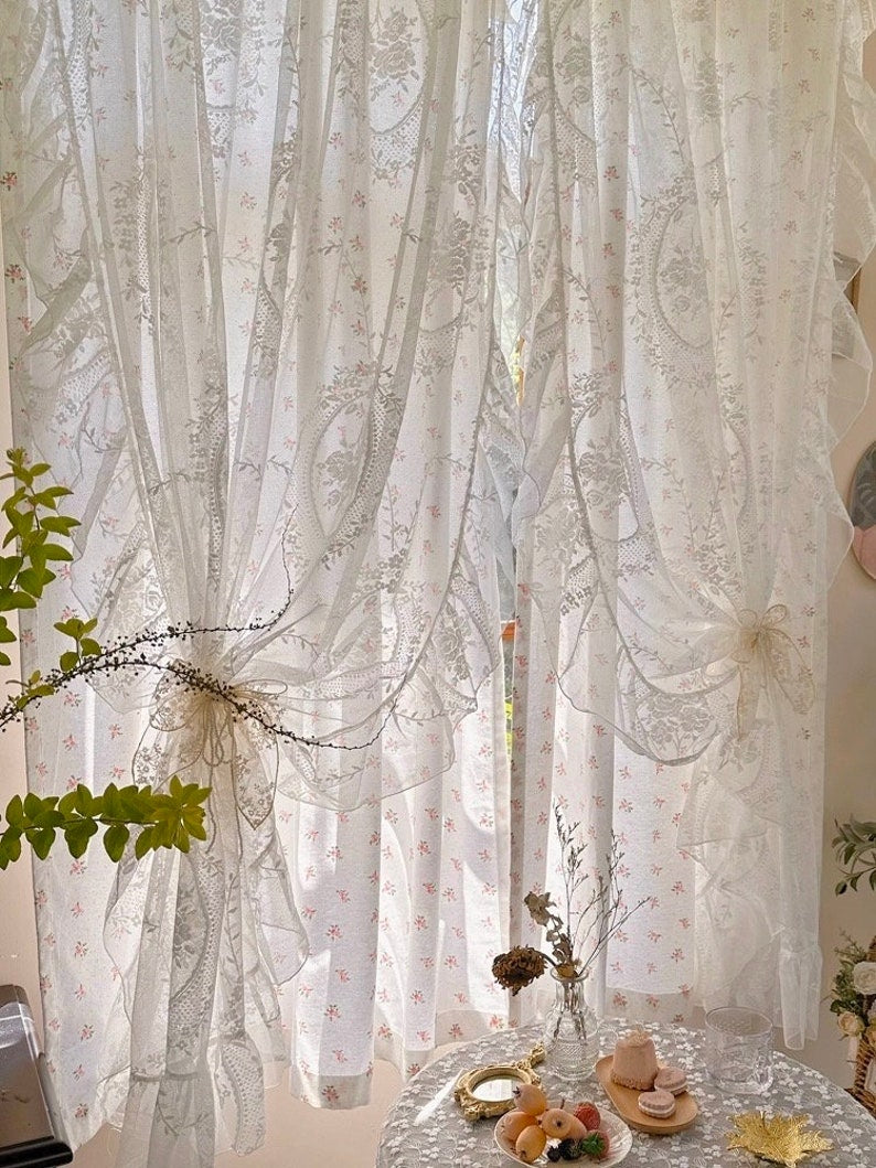 Rideau en dentelle de coton à fleurs, rideau coquette style campagnard, rideau double épaisseur en dentelle à volants