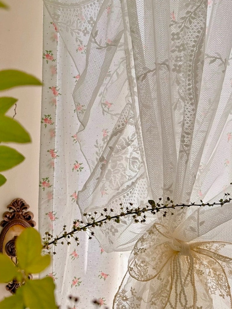 Rideau en dentelle de coton à fleurs, rideau coquette style campagnard, rideau double épaisseur en dentelle à volants
