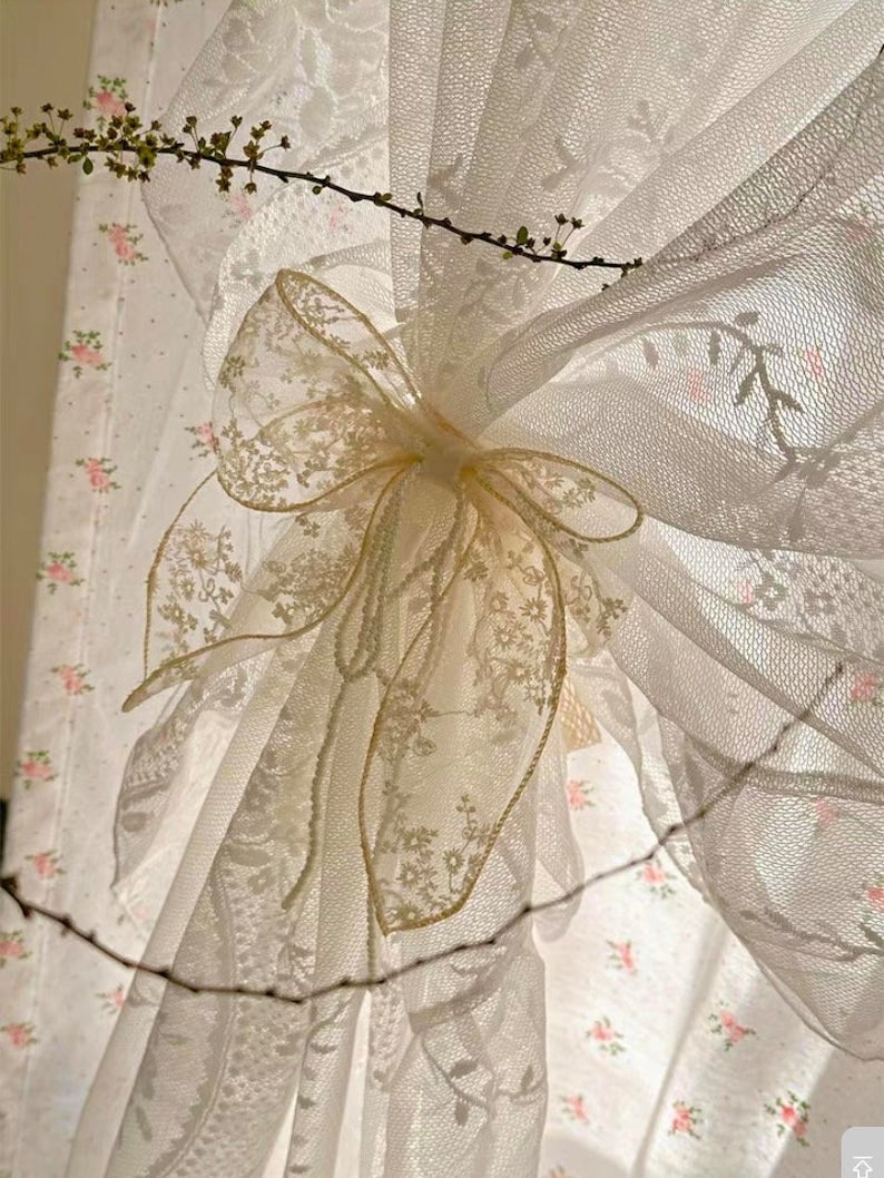 Rideau en dentelle de coton à fleurs, rideau coquette style campagnard, rideau double épaisseur en dentelle à volants