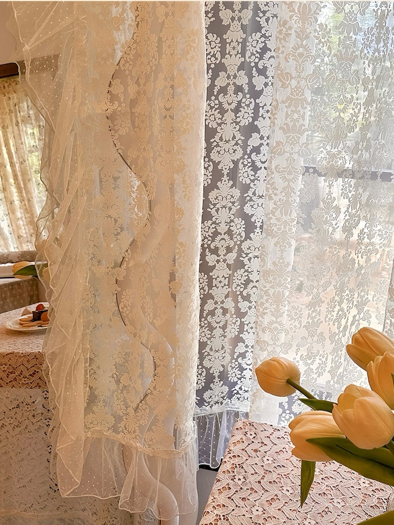 Voilage en dentelle imprimée à volants, rideau de café, salon, rideau de cuisine, décoration de fenêtre