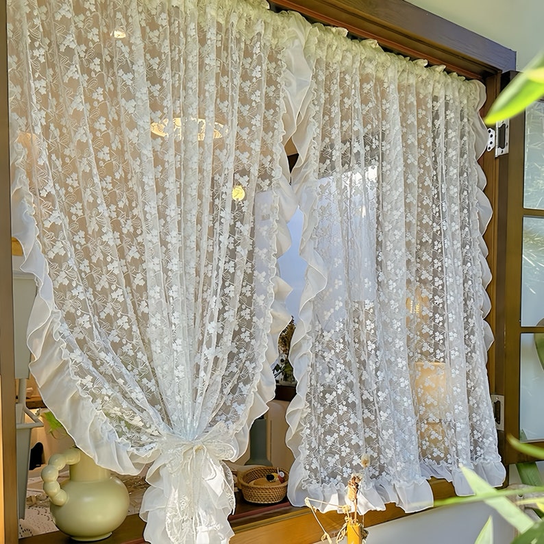 Rideau café en dentelle brodé blanc décoratif panneau volant