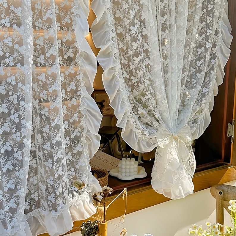 Rideau café en dentelle brodé blanc décoratif panneau volant