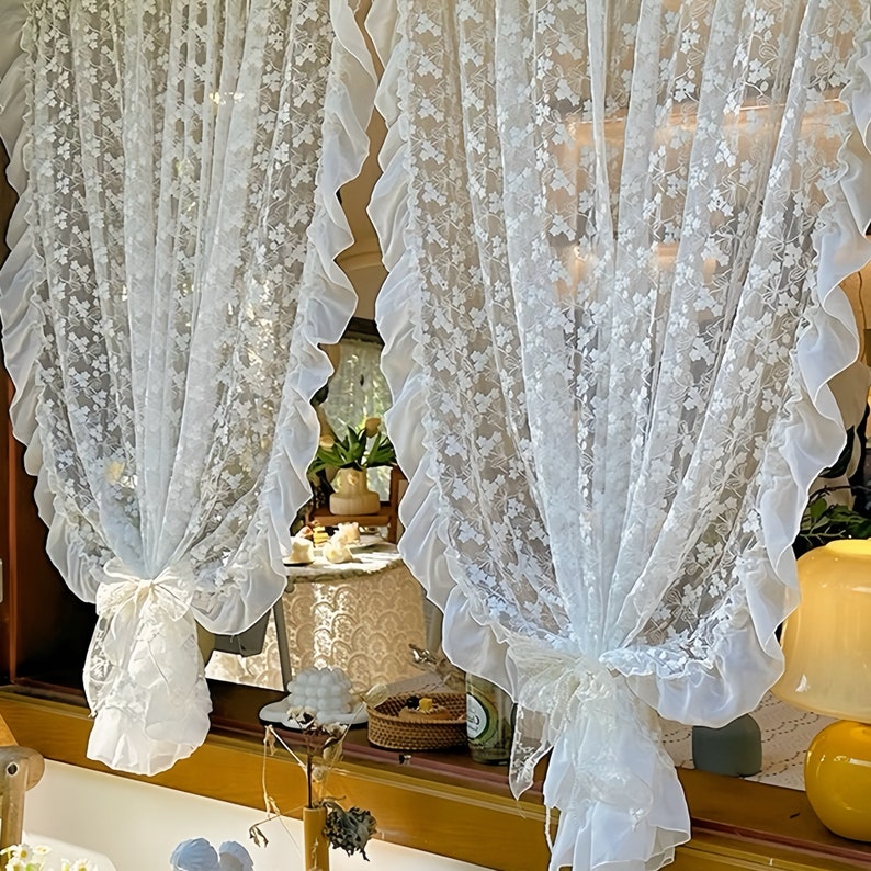 Rideau café en dentelle brodé blanc décoratif panneau volant