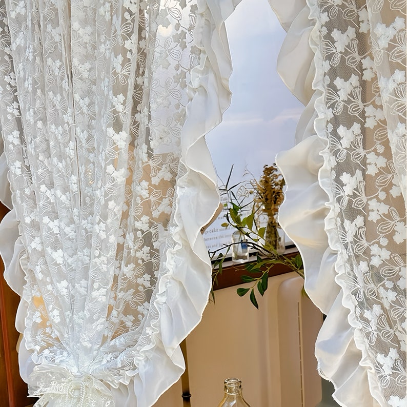 Rideau café en dentelle brodé blanc décoratif panneau volant