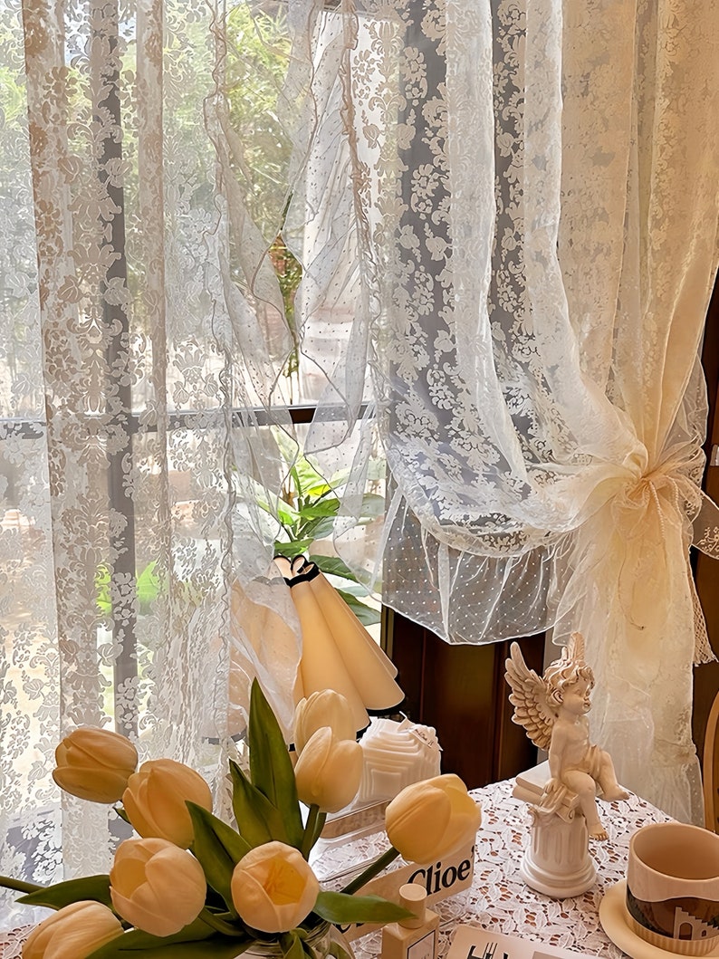 Voilage en dentelle imprimée à volants, rideau de café, salon, rideau de cuisine, décoration de fenêtre