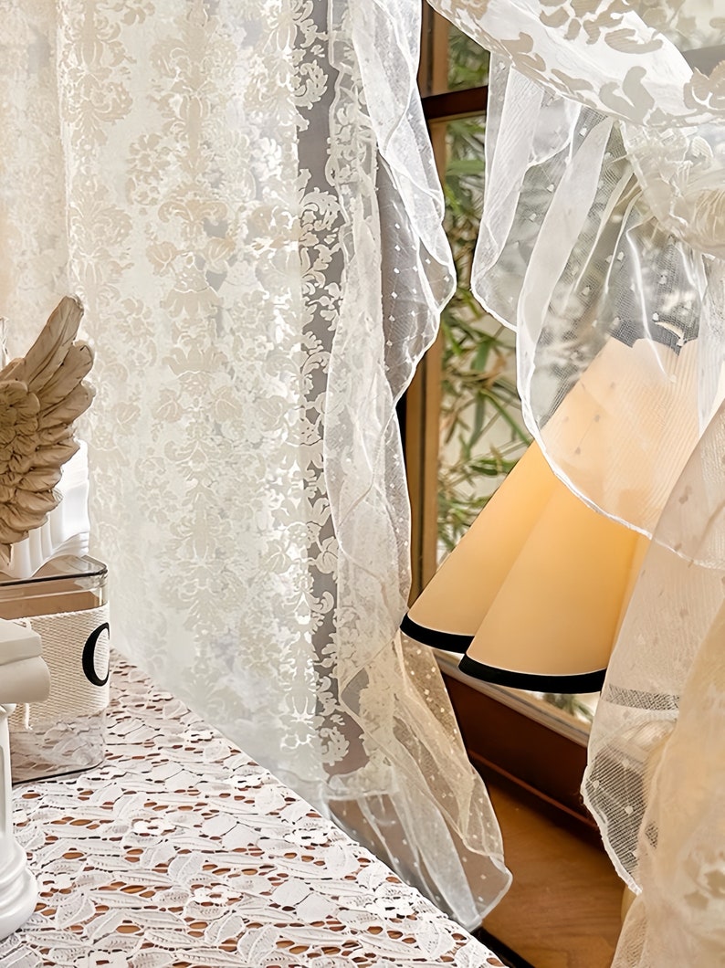 Voilage en dentelle imprimée à volants, rideau de café, salon, rideau de cuisine, décoration de fenêtre