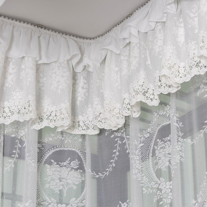 Rideau café en dentelle brodée cantonnière élégante coton porte