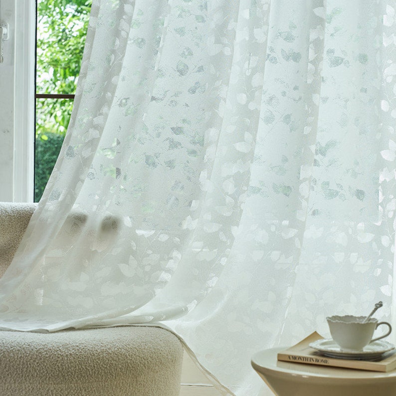 Rideaux en dentelle jacquard feuilles blanches brodées