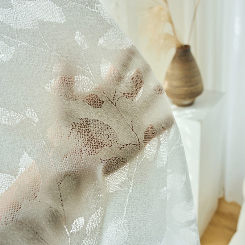 Rideaux en dentelle jacquard feuilles blanches brodées
