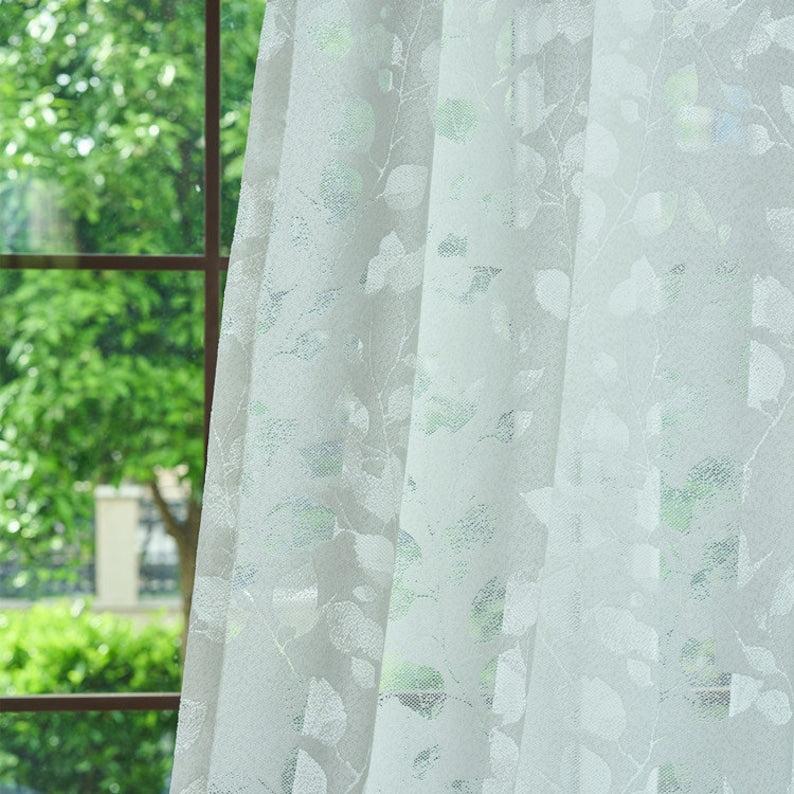 Rideaux en dentelle jacquard feuilles blanches brodées
