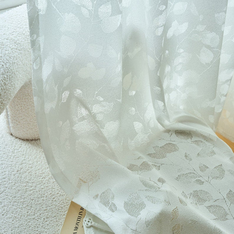Rideaux en dentelle jacquard feuilles blanches brodées