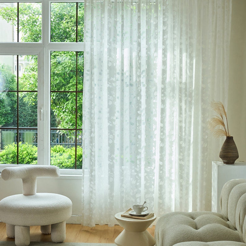 Rideaux en dentelle jacquard feuilles blanches brodées