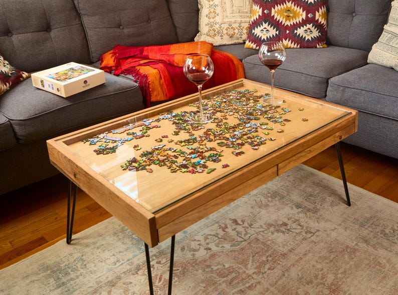 Rustic Puzzle Coffee Table with removable glass top - includes 2 hidden drawers - 24x36". 100% Made in the USA