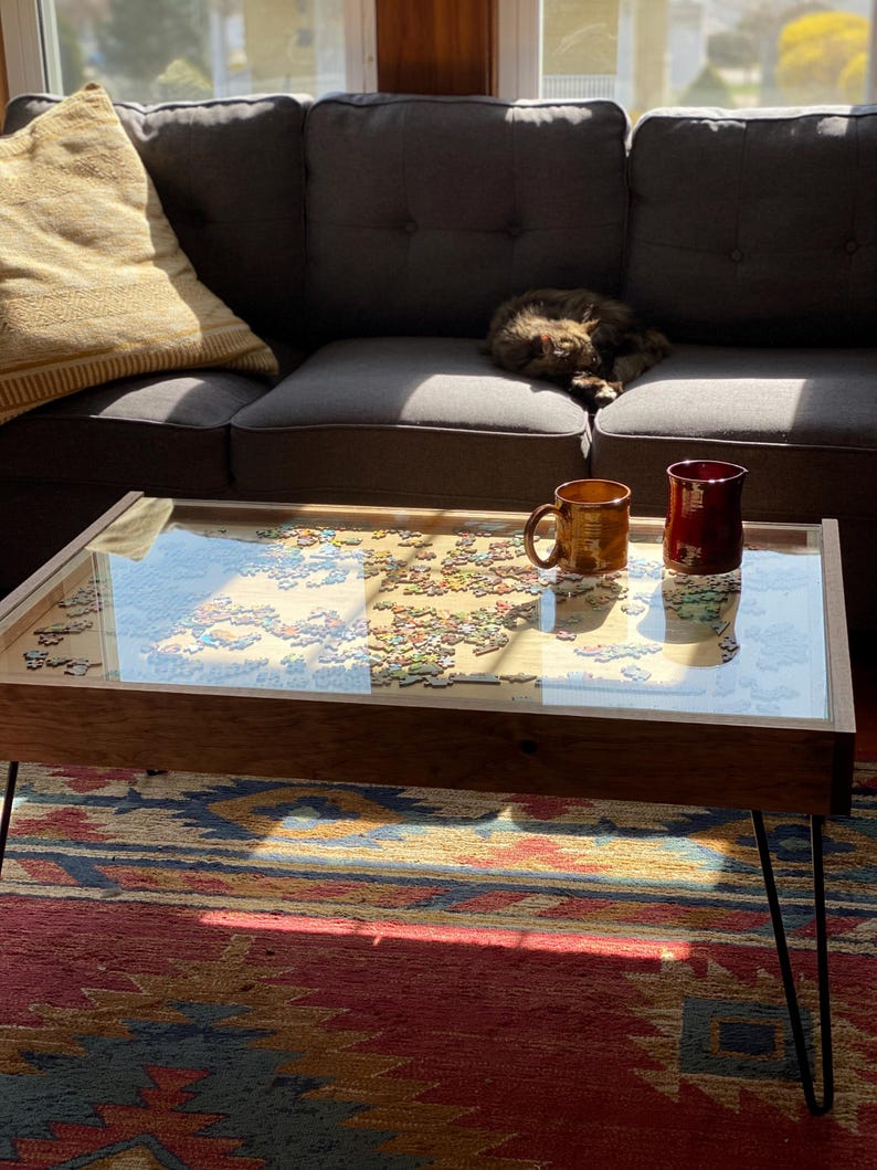 Rustic Puzzle Coffee Table with removable glass top - includes 2 hidden drawers - 24x36". 100% Made in the USA