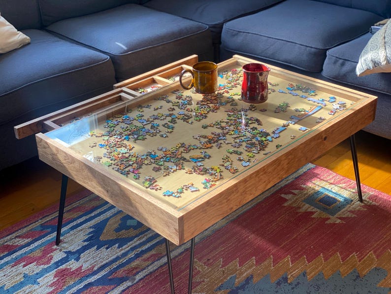 Rustic Puzzle Coffee Table with removable glass top - includes 2 hidden drawers - 24x36". 100% Made in the USA