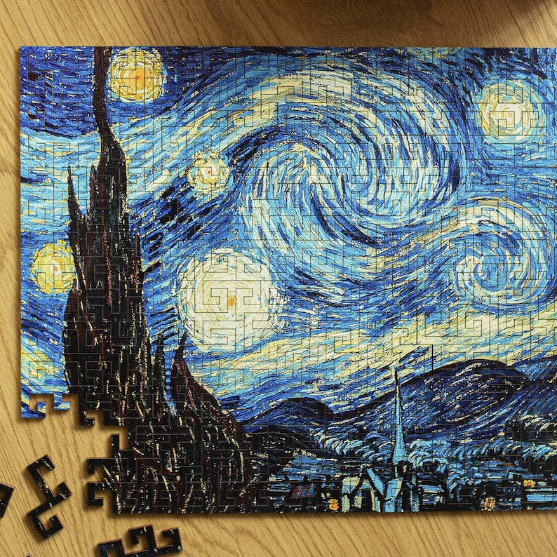The Starry Night Art Maze Wooden Jigsaw Puzzle Unique Shapes