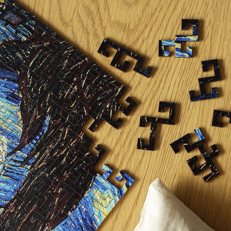 The Starry Night Art Maze Wooden Jigsaw Puzzle Unique Shapes