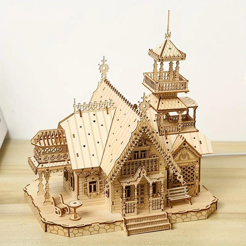 Vintage Villa 3D Wooden Puzzle Model Kit with LED Light