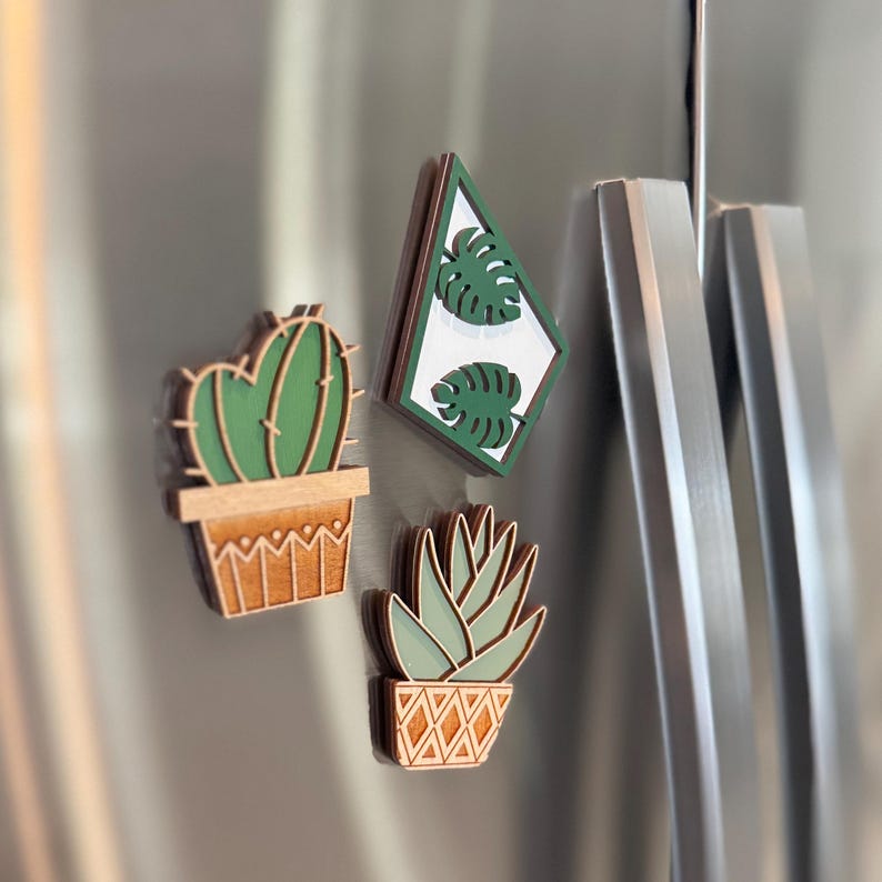 Plant Fridge Magnet Set, Succulent Cactus Monstera Wood Kitchen Decor