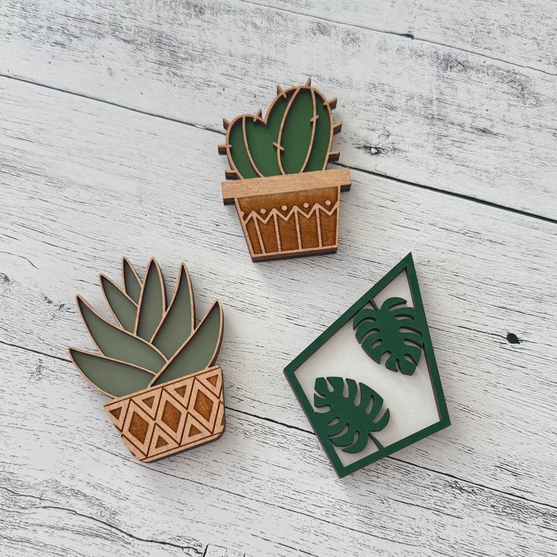 Plant Fridge Magnet Set, Succulent Cactus Monstera Wood Kitchen Decor