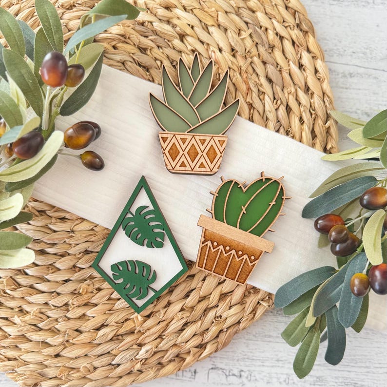 Plant Fridge Magnet Set, Succulent Cactus Monstera Wood Kitchen Decor