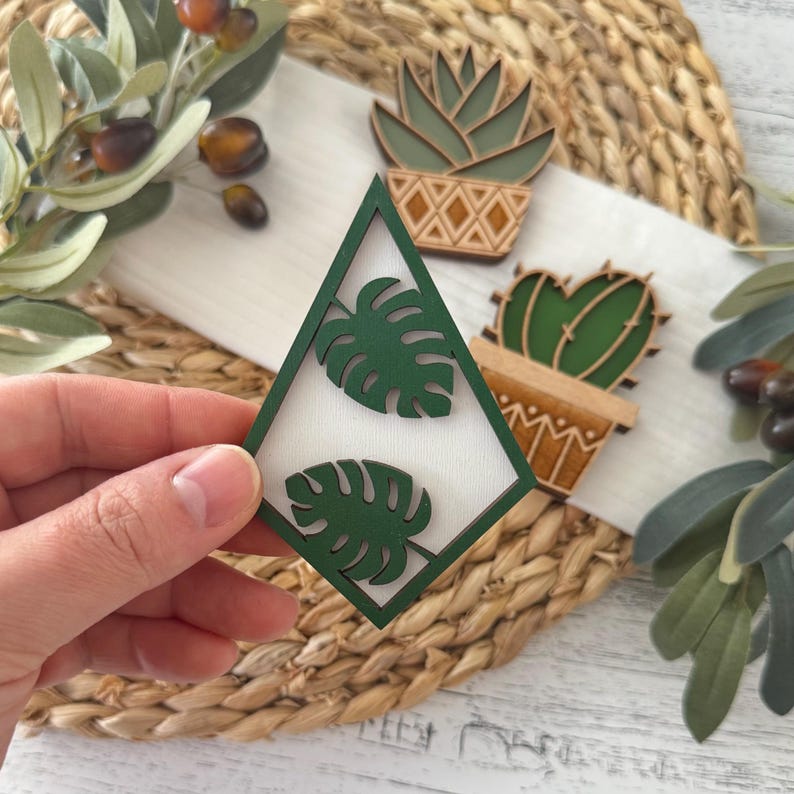 Plant Fridge Magnet Set, Succulent Cactus Monstera Wood Kitchen Decor