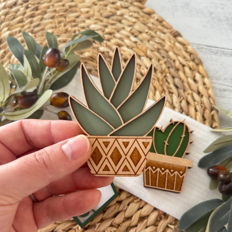 Plant Fridge Magnet Set, Succulent Cactus Monstera Wood Kitchen Decor