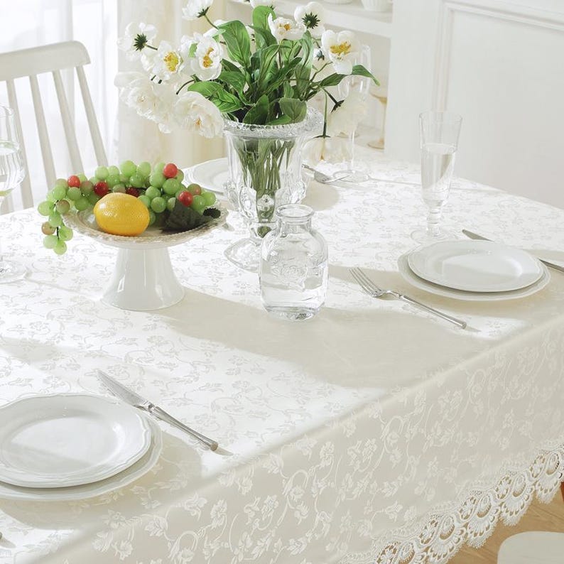 Nappe rectangulaire en jarquard avec bord en dentelle pour cocktail de vacances, nappe grande taille