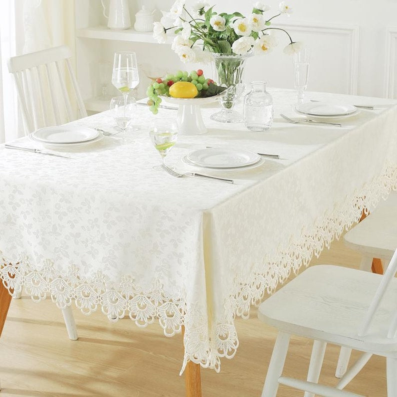 Nappe rectangulaire en jarquard avec bord en dentelle pour cocktail de vacances, nappe grande taille