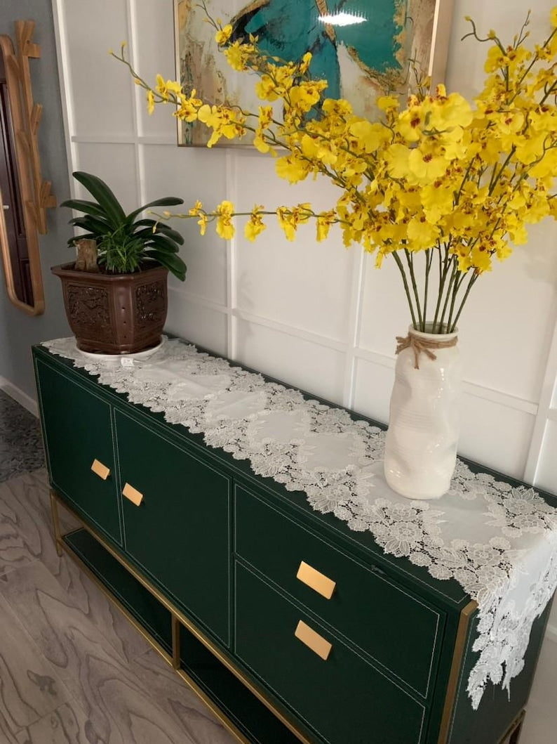 Chemin de table en dentelle à broder en lin polyester blanc cassé